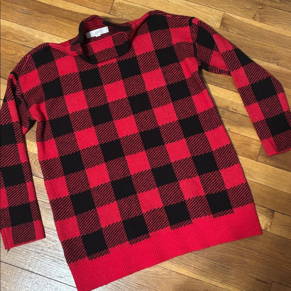LOFT Red and Black Buffalo Plaid Turtleneck Sweater Top - Picture 8 of 8